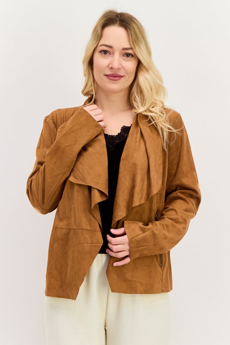 Bagatelle Women Notched Collar Plain Cardigan, Brown - Image 1